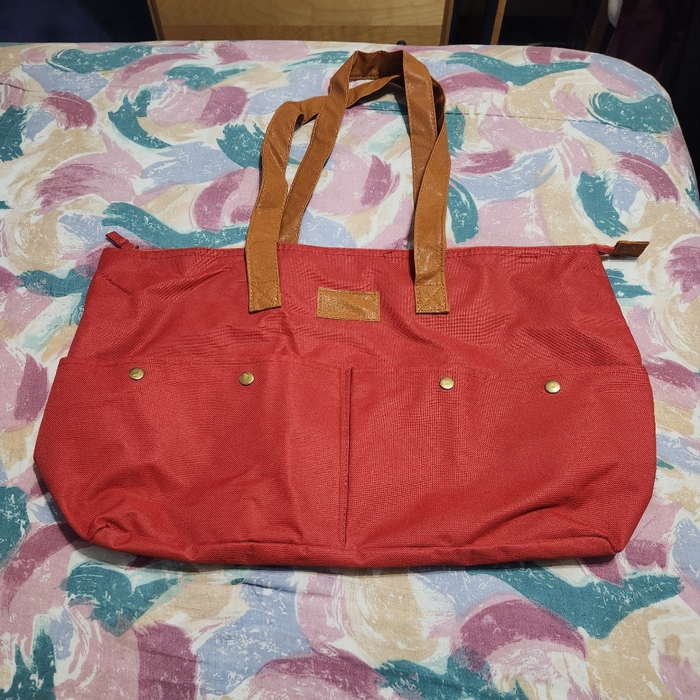 Stylish Red Tote Bag with Tan Straps